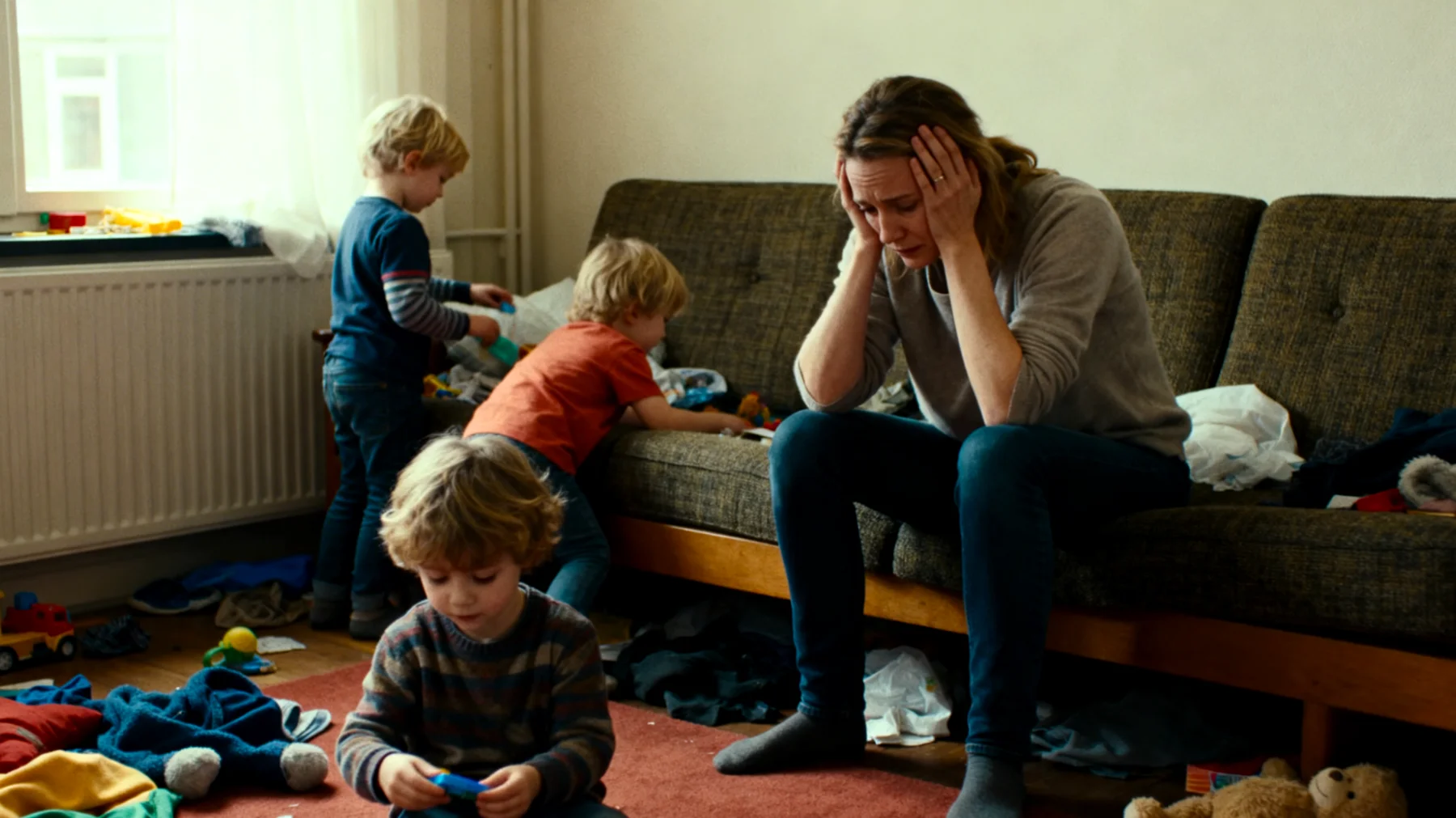 Een moeder die worstelt met chronische vermoeidheid en tijdgebrek, waardoor ze zich overweldigd voelt in de dagelijkse zorg voor haar kinderen en moeite heeft om geduldig en present te zijn"