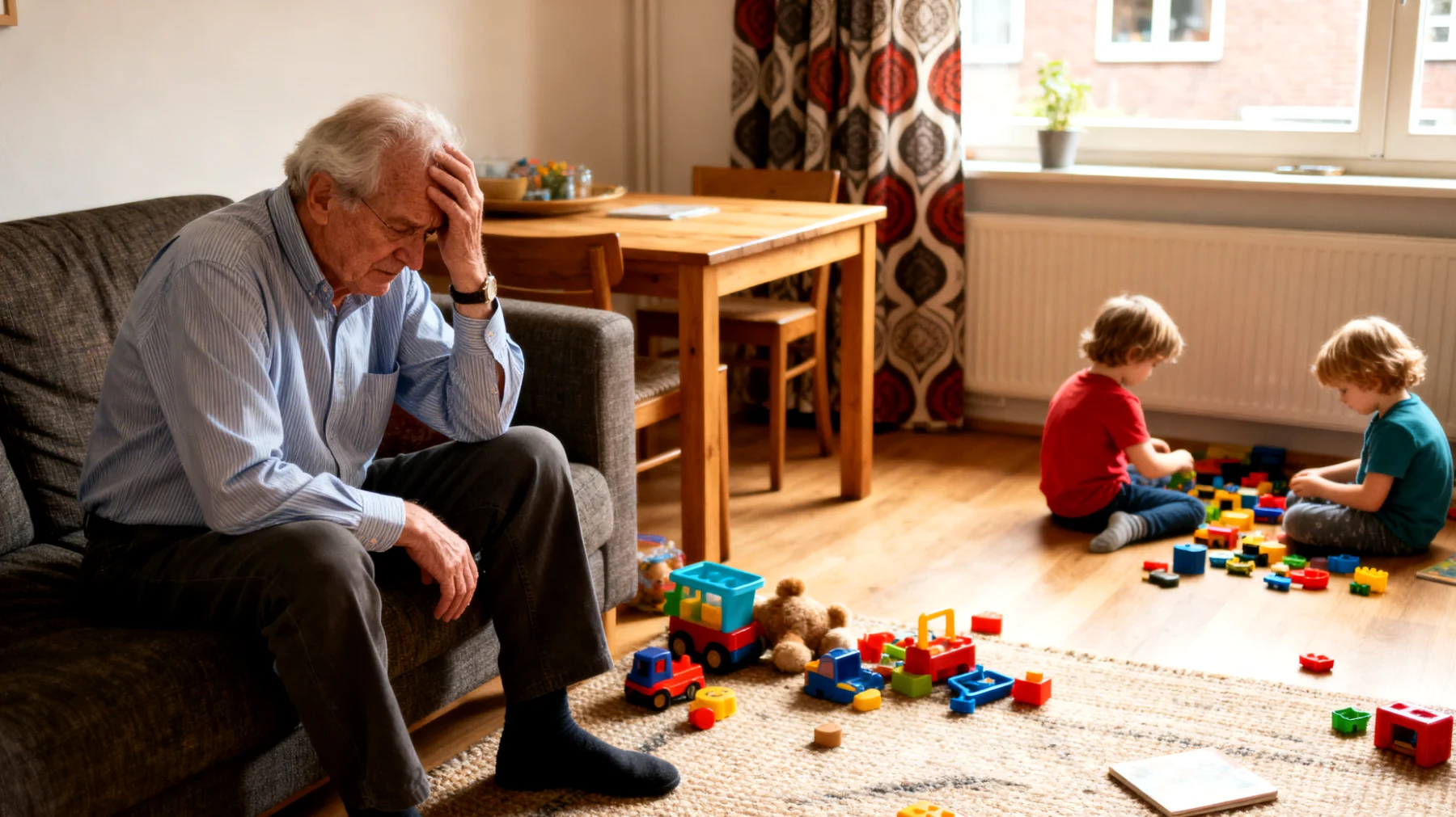 Opa ervaart frustratie omdat zijn kleinkinderen niet willen meehelpen bij dagelijkse activiteiten zoals opruimen, tafel dekken of zich klaarmaken, wat leidt tot spanningen en conflicten tijdens hun tijd samen"